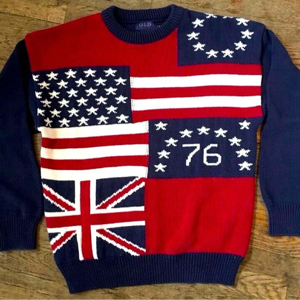 Vintage Old Glory Sweater, USA, Great Brittain, UK Flag 1976 , Made in USA